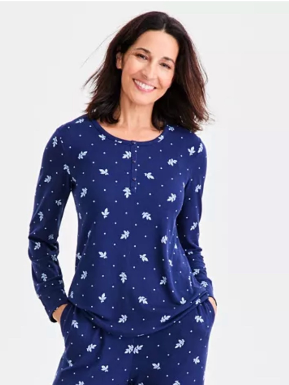 Charter Club Plus Size Long-Sleeve Henley Knit Pajama Top